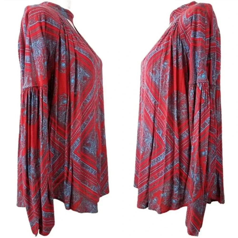 FREE PEOPLE Red & Blue Women's Walking On A Dream Floral Tunic Blouse Women's XS
